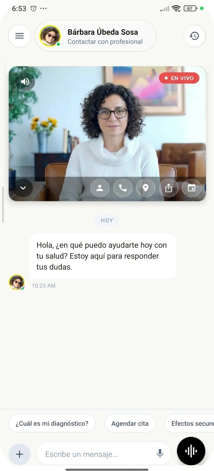 TwinPro chat interface showing a live video consultation with a professional, featuring AI-powered messaging and quick action buttons.