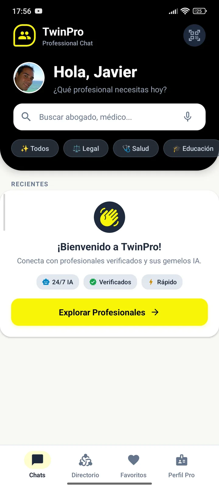 Pantalla de bienvenida: conecta con profesionales verificados